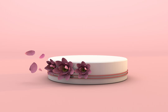 3d podium with pink flower and pink background