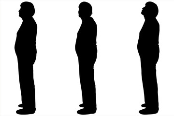 The woman stands straight without moving. Side view. Pensioner in trousers and blouse. An older woman stands and looks up, down, forward. Woman silhouette in black color isolated on white background.  © Yurii