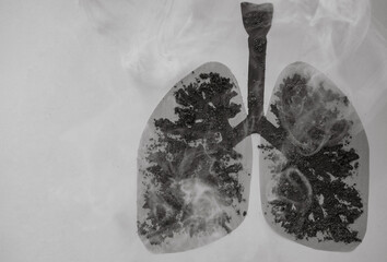 Image of human lungs damaged by tobacco and cigarette smoking. No tobacco day. Space for text,...