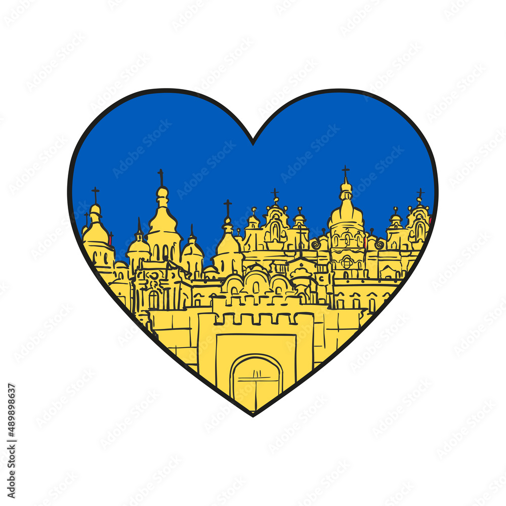 Wall mural Kyiv famous buildings in blue yellow heart icon