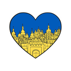 Obraz premium Kyiv famous buildings in blue yellow heart icon