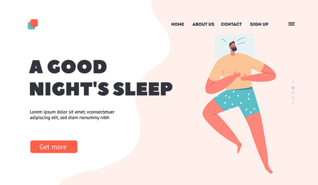 Good Night Dream Landing Page Template. Male Character Sleeping Pose in Bed Top View. Young Man Wear Pajama Sleep