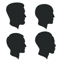 Men heads graphic icons set. Male silhouettes isolated on white background. Collection different human. Vector illustration