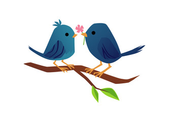 Couple of animals, two cute birds fall in love sitting on branch in vector