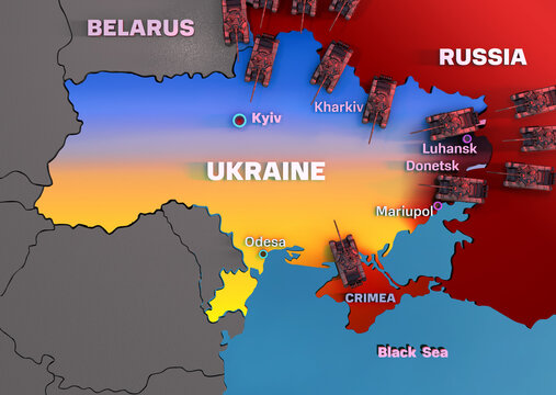 Ukraine war map with russian combat tanks. War crisis, military intervention in Ukraine. Russia invades Ukraine. Ukraine fight against Russia; EU, USA new sanctions. Europe geopolitical conflict, 3D