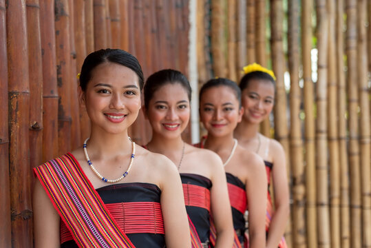 Portraits of Kadazan Dusun young girls in traditional attire from Kota Belud district during state level Harvest Festival in KDCA, Kota Kinabalu, Sabah Malaysia 