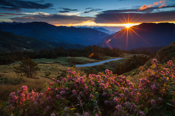 Beautiful autumn scenery in Taiwan, The fallen leaves beautiful color picture, Asia - Beautiful landscape of highest mountains blue sky in fall seaon at Taroko National Park, Taiwan