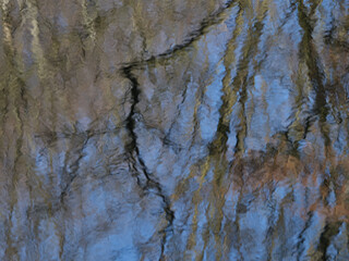 Reflection of tree trunks in a lake as an impressionist painting