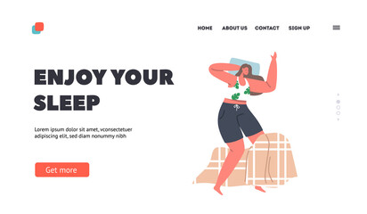 Night Rest and Bedding Time Concept Landing Page Template. Woman in Pajama Enjoy Sleep on Bed Lying on Back