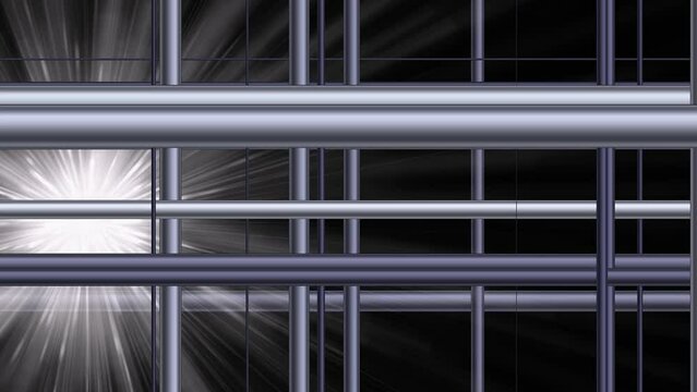 Radiant cold sun behind the iron bars of a cage moving irregularly, abstract animation, motion graphic