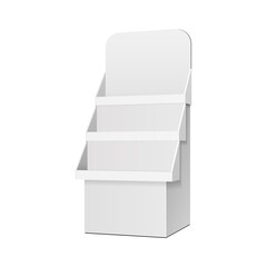 Cardboard Retail Shelves Floor Display Rack For Supermarket Blank Empty. Mock Up. 3D On White Background Isolated. Ready For Your Design. Product Advertising. Vector EPS10