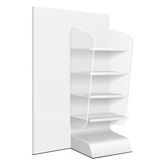 Cardboard Retail Shelves Floor Display Rack For Supermarket Blank Empty. Mock Up. 3D On White Background Isolated. Ready For Your Design. Product Advertising. Vector EPS10