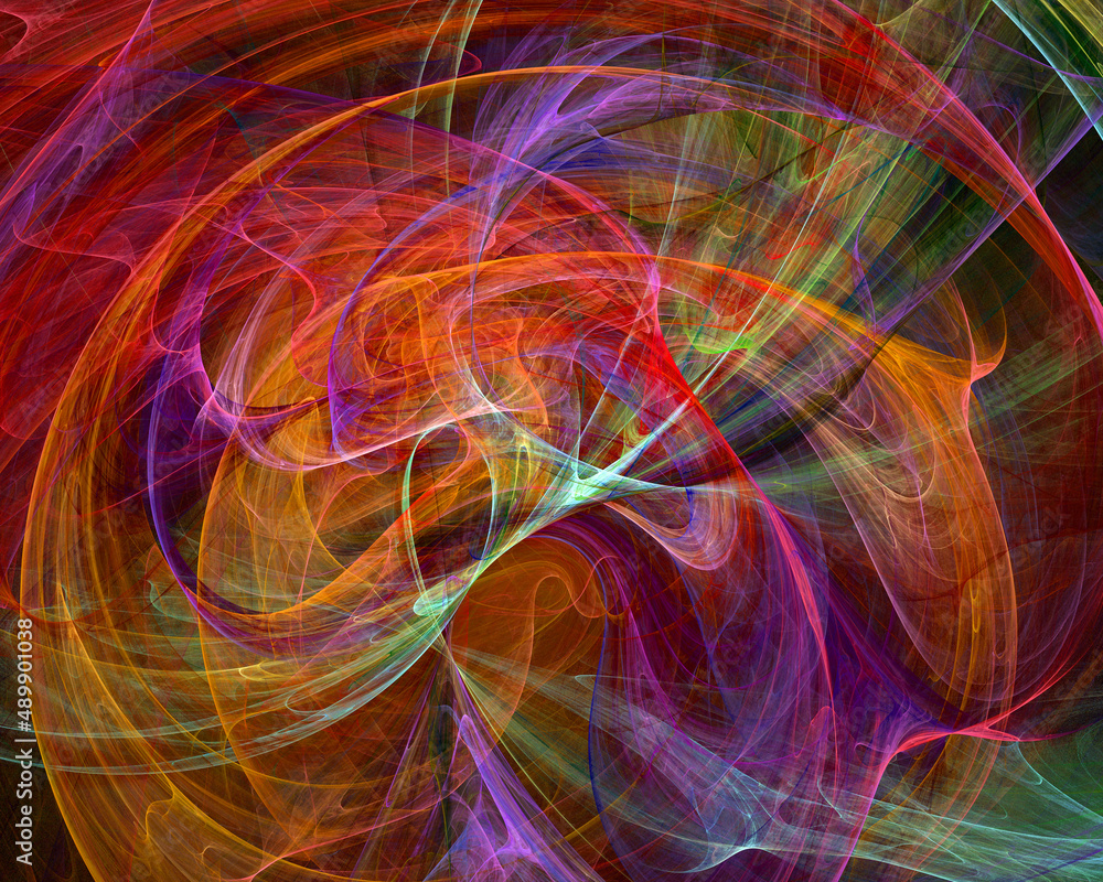 Poster colorful airy veils dynamically stack on top of each other against a dark background. abstract fract