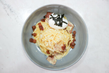 spaghetti or spaghetti carbonara, pasta carbonara.