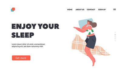 Enjoy your Sleep Landing Page Template. Peaceful Female Character Wear Pajama Nap on Pillow. Girl Sleeping Pose