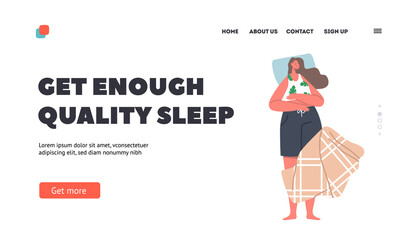 Quality Sleep Landing Page Template. Woman Wear Pajama Sleep or Nap on Back with Arms Lying on Stomach