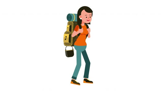 Woman hiker with big tourist backpack. Cartoon Woman goes on a hiking trip. Looped animation with alpha channel.