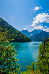 Lake Ritsa in mountains in Abkhazia.