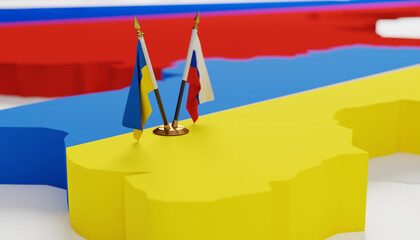 Flags of Russia and Ukraine at the borders of the state. War between Russia and Ukraine, Russian aggression. Negotiations and mediations between Russia and Ukraine. 3D render, 3D illustration.