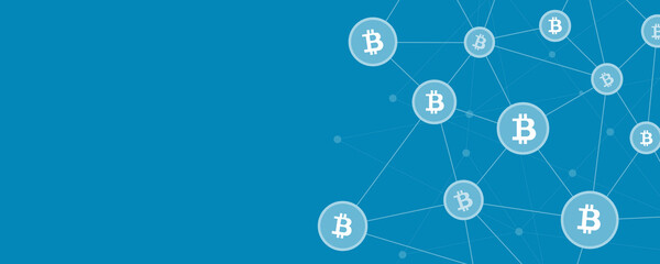 Abstract technology bitcoin and cryptocurrency blockchain network connection concept. Flat vector illustration web banner design 