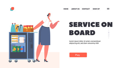 Service on Board Landing Page Template. Flight Attendant, Airline Staff, Stewardess Push Trolley with Drinks Holding