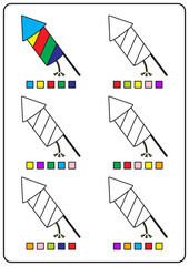 Instructional coloring pages, educational games for kids, preschool activities, printable worksheets. Simple cartoon vector illustration of colorful objects to learn colors. Coloring firecrackers.