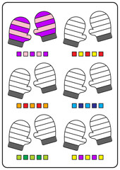 Instructional coloring pages, educational games for children, preschool activity worksheets. Simple cartoon vector illustration of colorful objects to learn colors. Coloring a pair of gloves.