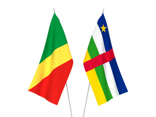 National fabric flags of Central African Republic and Republic of the Congo isolated on white background. 3d rendering illustration.
