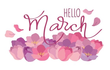 Hand-drawn inscription hello, March and icons of spring tulips, vector isolated colorful element. Logo for the design of Women's Day cards. 