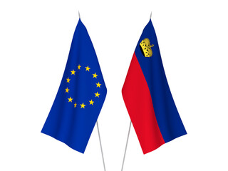 National fabric flags of European Union and Liechtenstein isolated on white background. 3d rendering illustration.