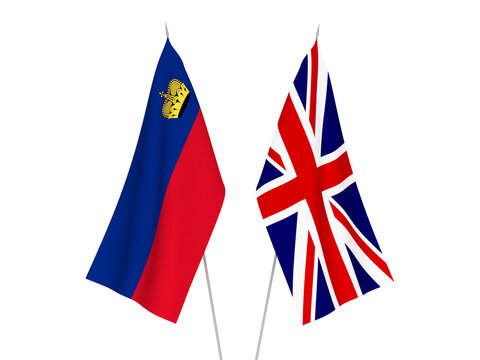 National fabric flags of Great Britain and Liechtenstein isolated on white background. 3d rendering illustration.