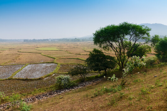 View of Baranti, a small tribal village in Purulia district , with a water reservoir under Ramchandrapur Medium Irrigation Project, popularly known as Baranti dam. West Bengal, India