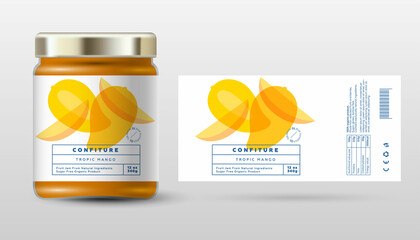 Mango confiture. Sweet jam. Transparent slices, halves and cut fruits. Label and packaging simple design.