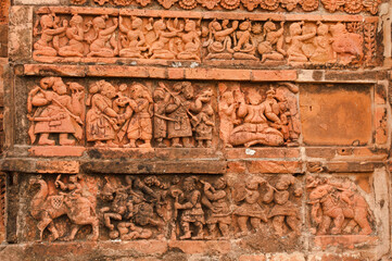 Figurines made of terracotta at Radhagobinda Temple, Bishnupur , West Bengal, India .