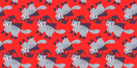 Vector seamless pattern with happy cute striped gray cat character in witch hat and boots on red color background. Flat line art style design of walking animal cat