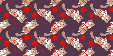 Vector seamless pattern with happy cute laying on the back cat character with red ball of wool yarn on color background. Flat line art style design of spotted animal cat