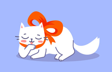 Vector illustration of lying happy white cat character with red bow on color background. Flat line art style design of cleaning cute animal cat