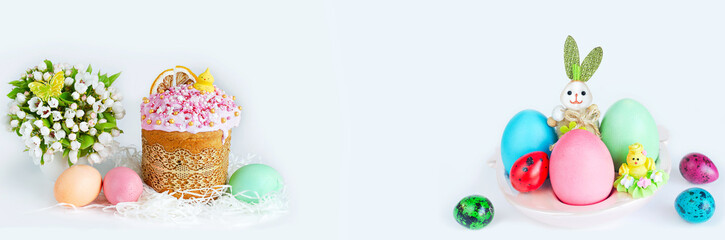 Easter widescreen white background with multicolored eggs on a stand with a rabbit, a cake and a spring bouquet. Art design, banner