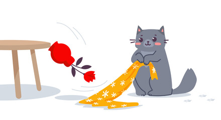 Vector illustration of happy cute gray cat character hold fabric cloth near table and falling vase with flower on white color background. Flat line art style design of standing playful animal cat