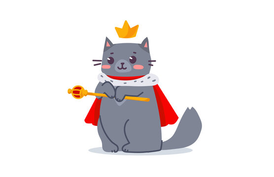 Vector illustration of happy cute gray cat character with crown and scepter on white color background. Flat line art style design of standing king animal cat