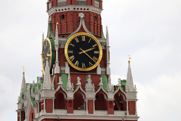 Chimes of Spasskaya tower, symbol of Russia on Red Square. Moscow Kremlin tower clock isolated on...