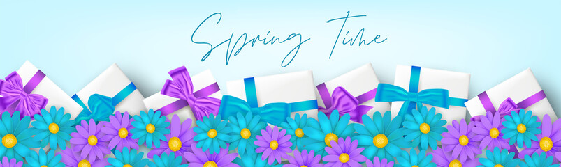 Spring time banner or newsletter header. Blue and purple realistic daisy or gerbera flowers and gift boxes with bow and ribbon. Floral promo design. Vector illustration.