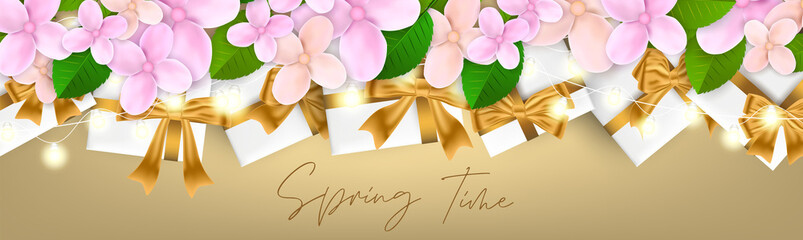Fototapeta na wymiar Spring Time banner or newsletter header. Floral promo design template with pink and orange flowers and green leaves, and gift boxes with golden bow and ribbon. Vector illustration.