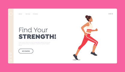 Sport Activity Landing Page Template. Happy Female Character Run. Athletic Woman in Sports Wear Running Marathon