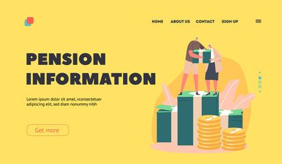 Pension Information Landing Page Template. Happy Senior Male Female Characters Hold Currency Pile Stand on Coins Stack
