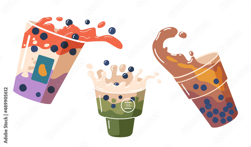 Poster set of splashing bubble tea in plastic cups. beverages with bubbles and splatters swirls. cold drink