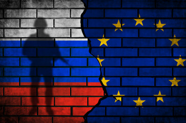 Russia vs EU flags background with armed men military silhouette. Conflict and war, economics...