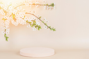 Round geometric podium platform stand for product presentation and blossoming spring tree branch...