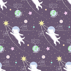 Dog in Space seamless pattern with doodle and texture elements