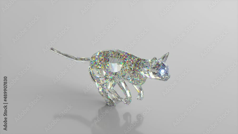 Poster running diamond cat. the concept of nature and animals. low poly. white color. 3d animation of seaml